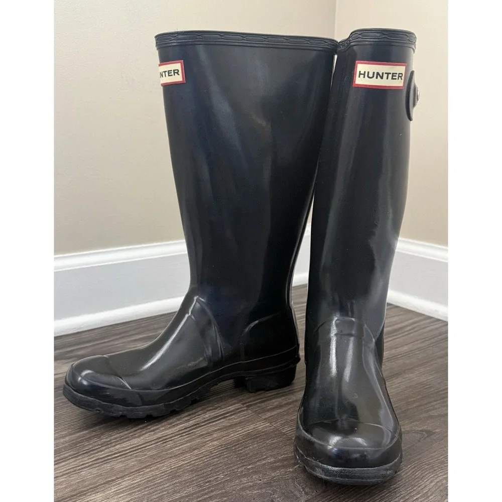 Hunter Original Tall Gloss Rain Boots Black Waterproof Rubber Boys 5 Girls 6